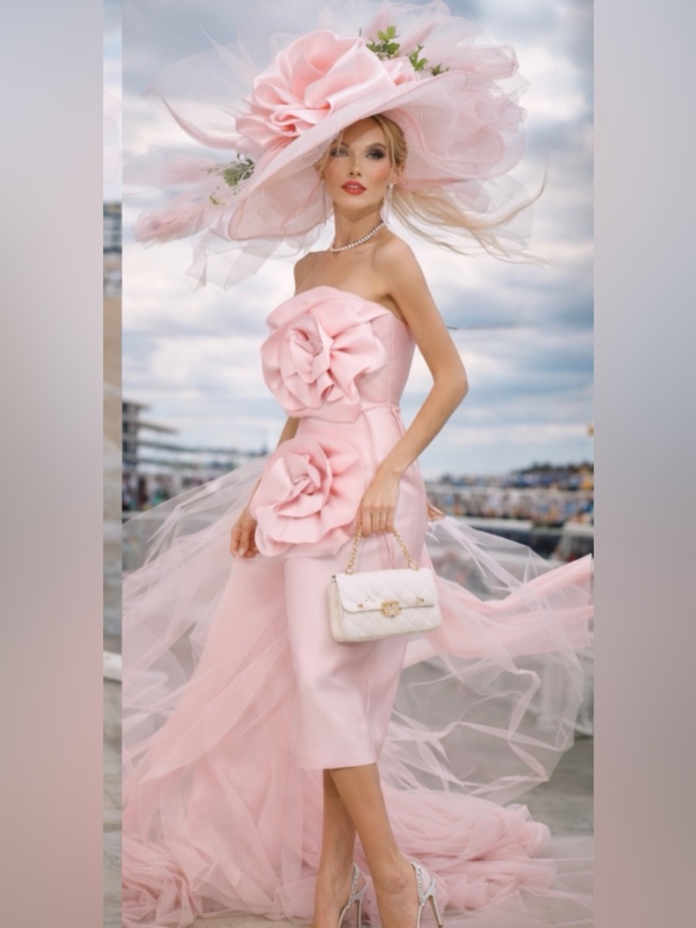 Strapless Blush Pink Floral Appliqué Midi Dress Kentucky Derby 🐎